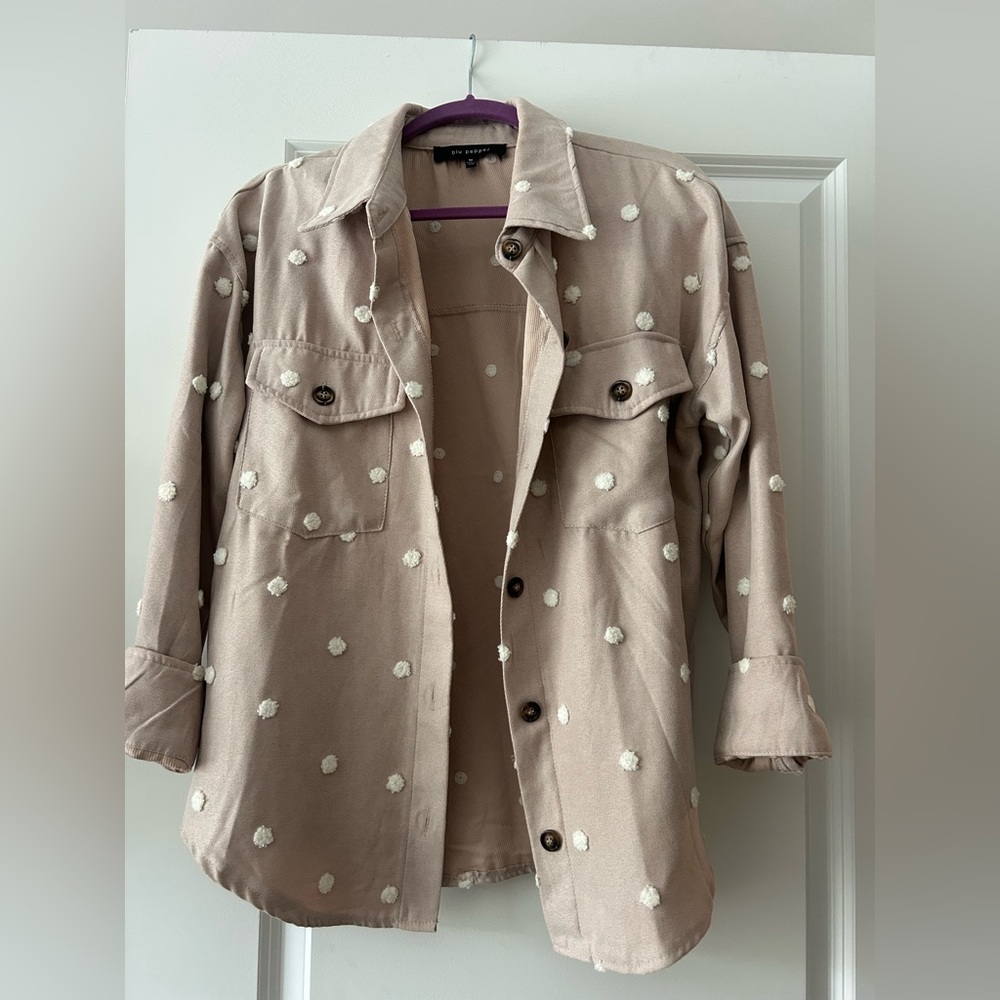 Blu Pepper Beige Utility Shacket with White Dot Embroidery